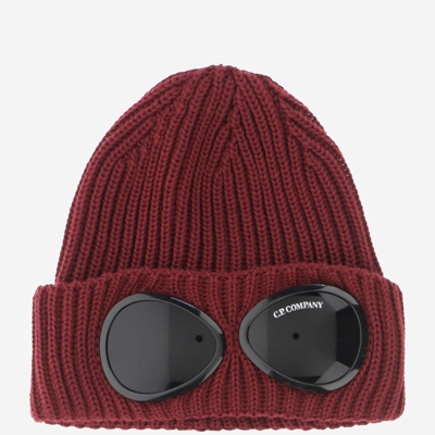 Shop C.p. Company Knit Wool Beanie With Decorative Goggles In Bordeaux
