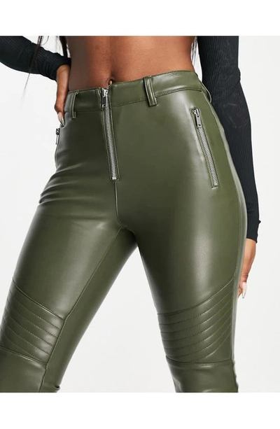 Topshop Faux Leather Skinny Fit Biker Pants In Khaki-green | ModeSens