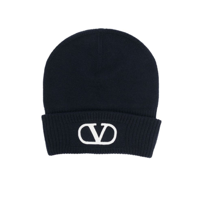 Shop Valentino Blue Vlogo Knitted Beanie Hat