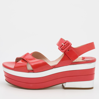 Pre-owned Miu Miu Coral Red Patent Leather Wedge Platform Ankle Strap Sandals Size 40