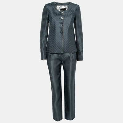 Pre-owned Emporio Armani Dark Grey Silk & Linen Button Front Jacket & Trouser Suit M