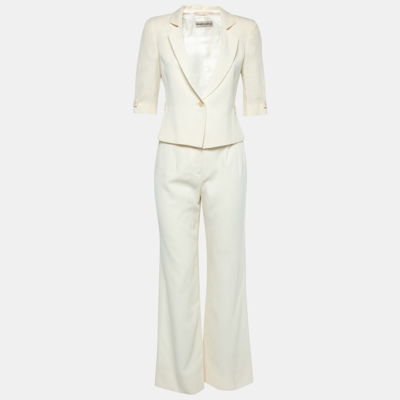 Pre-owned Emporio Armani Cream Textured Crepe Single Breasted Cropped Blazer & Pant Suit S
