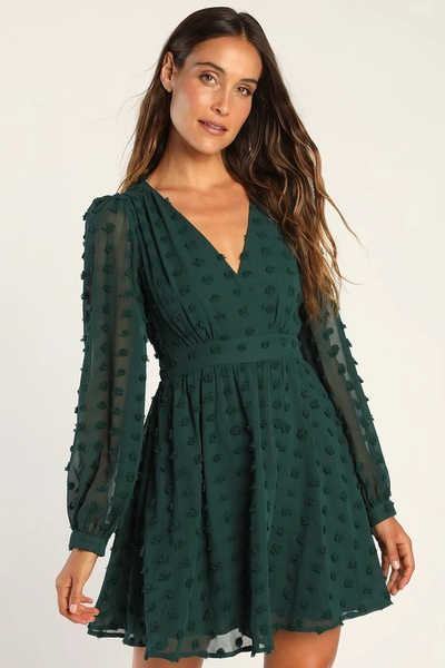 Lulus Always On Repeat Emerald Green Clip Dot Long Sleeve Mini Dress In Emerald Green