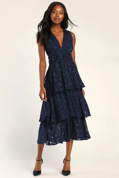 Lulus Make It Mesmerizing Navy Blue Jacquard Tiered Midi Dress In Navy Blue