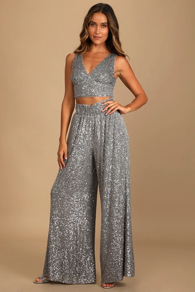 Lulus Flawless Sparkle Silver Sequin Wide-leg Pants In Silver
