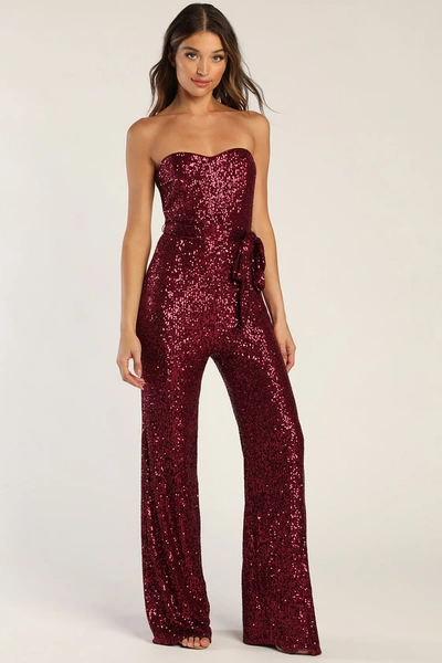 Lulus Flirty Moves Wine Red Sequin Strapless Wide-leg Jumpsuit In Wine Red