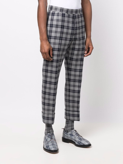Thom Browne Tartan Cropped Tailored Trousers In Grey