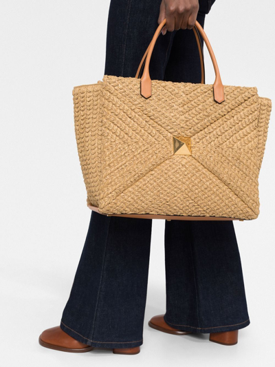 Shop Valentino One Stud Raffia Tote Bag In Neutrals