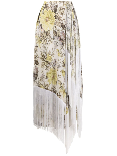 Shop Acne Studios Floral-print Asymmetric Fringed Skirt In Nude