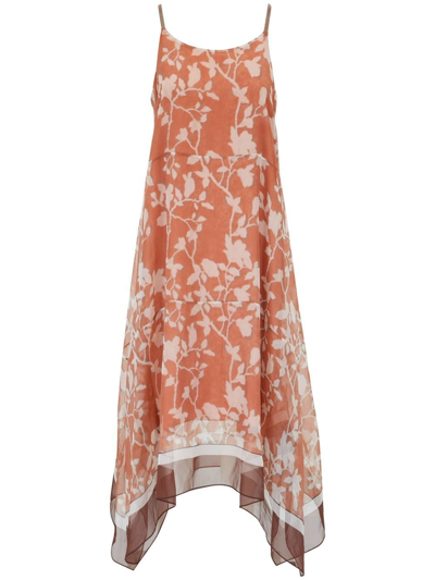 Shop Brunello Cucinelli Floral-print Silk Midi-dress In Orange