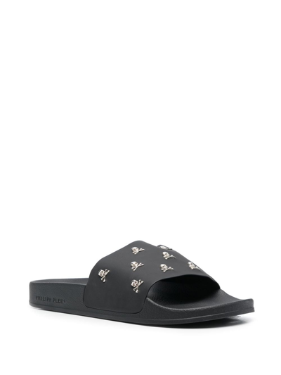 Philipp Plein Crystal Skull Leather Slides In Black
