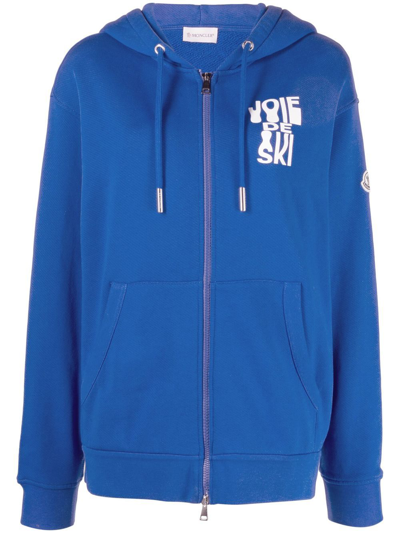 Shop Moncler Slogan-print Zip-up Hoodie In Blue