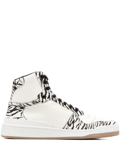 Saint Laurent Men's Sl/24 Mid-top Sneakers In Smooth Leather And Zebra Print Pony Effect Leather In Weiss