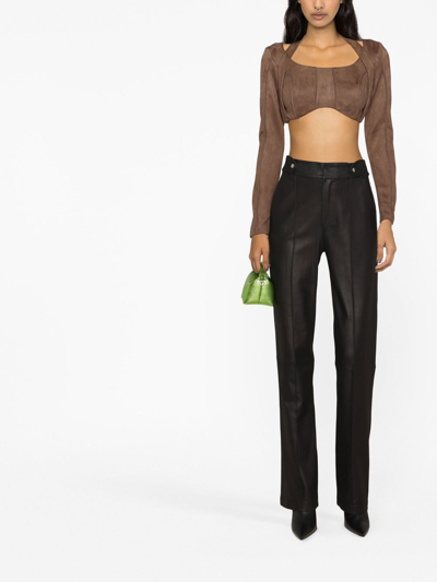 Misbhv Faux-suede Long-sleeved Crop Top In Brown