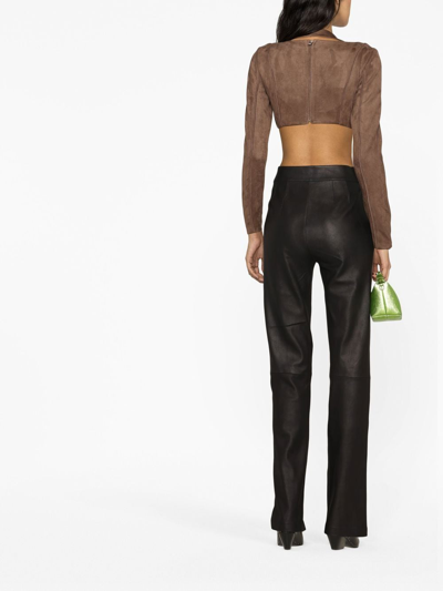 Shop Misbhv Faux-suede Long-sleeved Crop Top In Brown