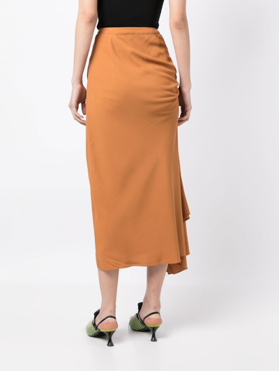 Shop Kiko Kostadinov High-waisted Ruched Midi Skirt In Brown