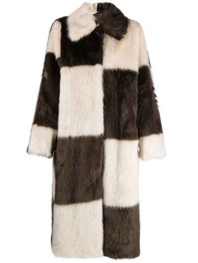 Shop Stand Studio Faux-fur Checked Coat In Braun