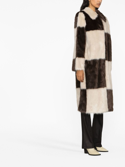 Shop Stand Studio Faux-fur Checked Coat In Braun