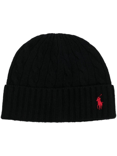 Shop Polo Ralph Lauren Embroidered-logo Cable-knit Hat In Schwarz