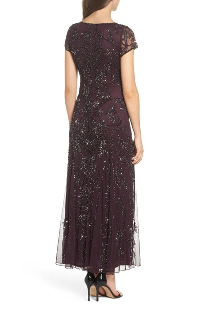 Pisarro Nights Beaded Mesh Column Gown In New Wine