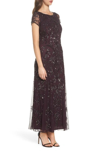 Pisarro Nights Beaded Mesh Column Gown In New Wine