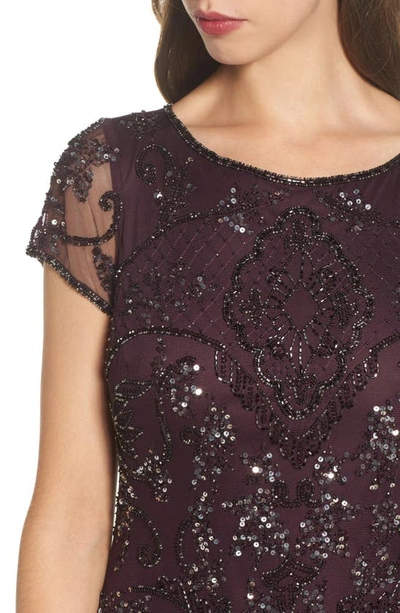 Pisarro Nights Beaded Mesh Column Gown In New Wine
