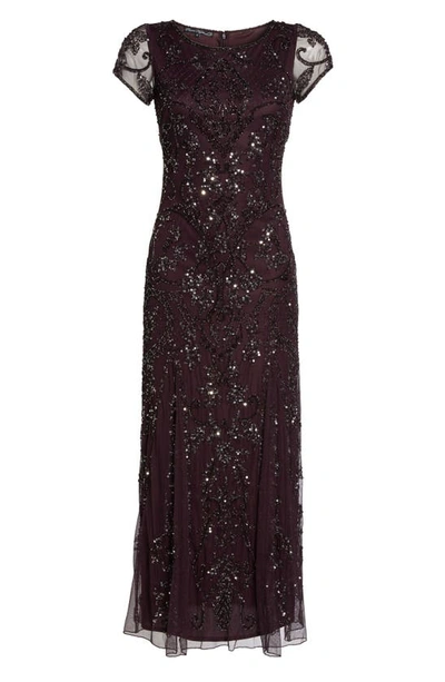 Pisarro Nights Beaded Mesh Column Gown In New Wine