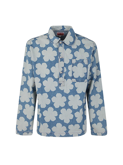 Shop Kenzo Floral Print Denim Overshirt In Azzurro