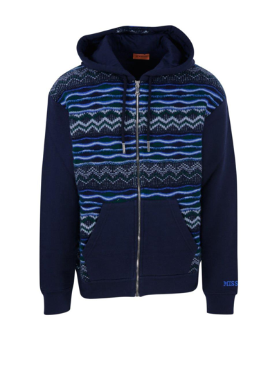Shop Missoni Zig-zag Zipped Knitted Hoodie In L Navy