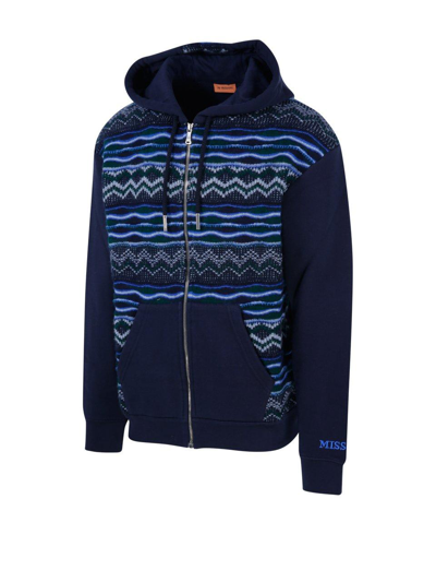 Shop Missoni Zig-zag Zipped Knitted Hoodie In L Navy