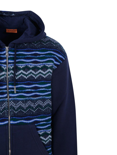 Shop Missoni Zig-zag Zipped Knitted Hoodie In L Navy