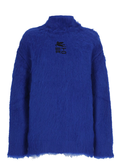 Shop Etro Mohair Sweater With Embroidered Logo In Blu