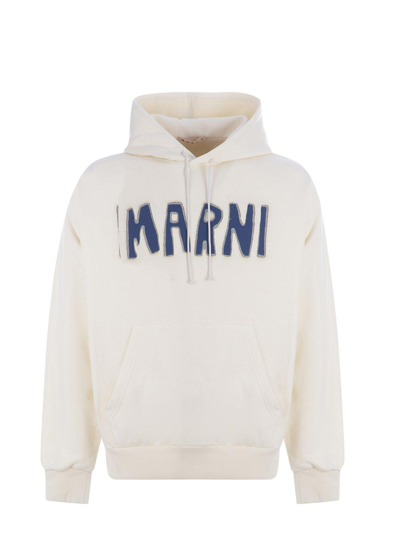 Shop Marni Logo Embossed Drawstring Hoodie In Bianco