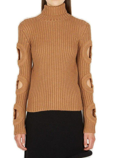 Shop Jw Anderson Cut-out Detailed High-neck Jumper In Brown