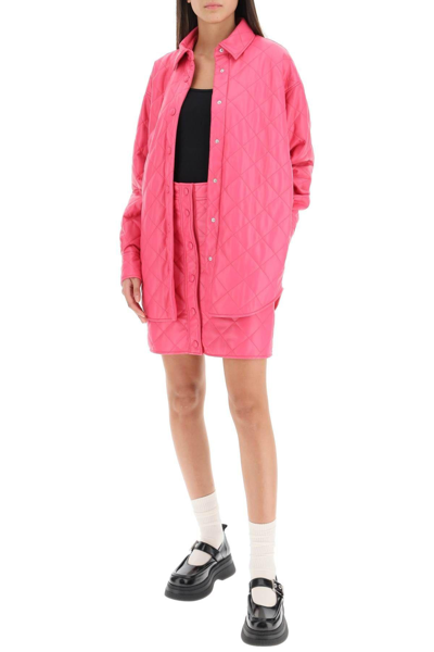 Shop Msgm Quilted Faux Leather Overshirt In Pink