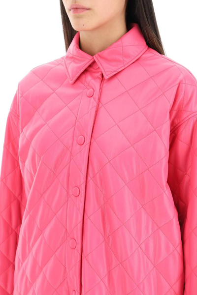 Shop Msgm Quilted Faux Leather Overshirt In Pink
