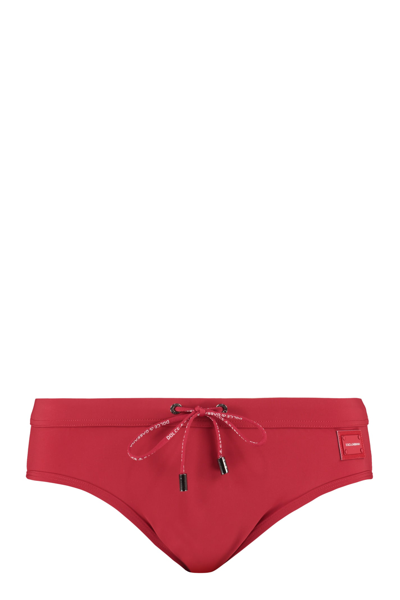 Shop Dolce & Gabbana Logo Print Swim Briefs In Rosso Sangue