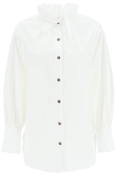 Shop Ganni Gathered High Collar Shirt In Bianco