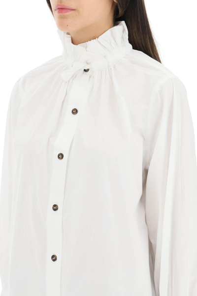 Shop Ganni Gathered High Collar Shirt In Bianco