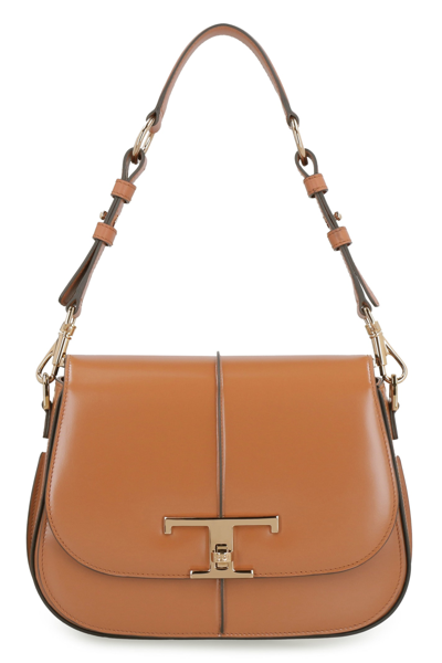 Shop Tod's T Timeless Leather Shoulder Bag In Mattone