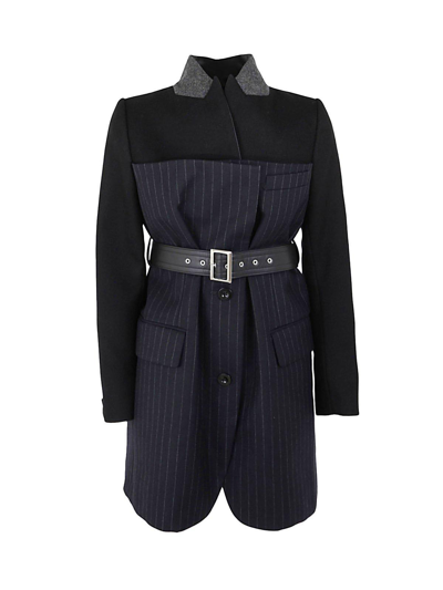 Shop Sacai Belted Panelled Jacket In 005 Black X Navy
