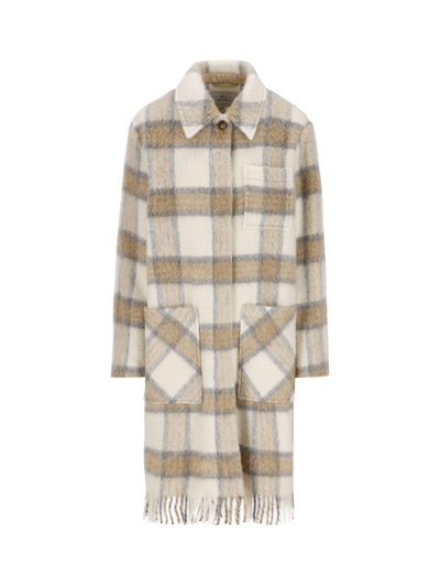 Shop Woolrich Check Pattern Fringed Overshirt In Cream Check