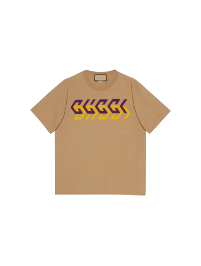 Shop Gucci Cotton Jersey T-shirt With  Print In Nude & Neutrals