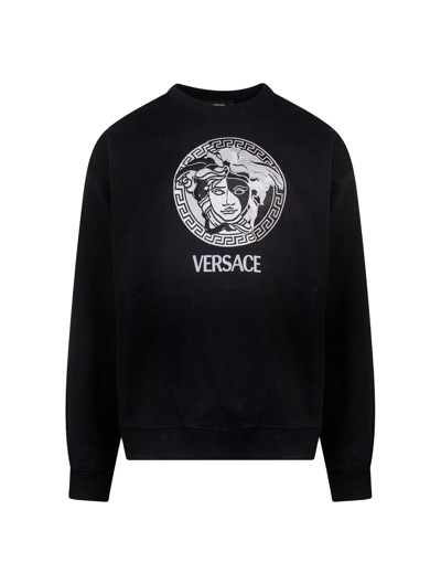Shop Versace Cotton Sweatshirt With Front Iconic Medusa In Black