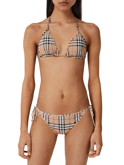 Shop Burberry Vintage Check Triangle Bikini In Nude & Neutrals