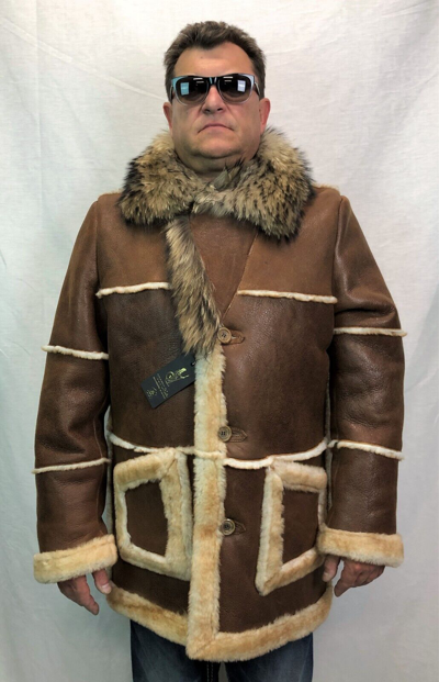Pre-owned Victoria Cognac Echtes Lammfell Shearling Leder Echt Washbär Marlboro Trenchcoat S-8xl