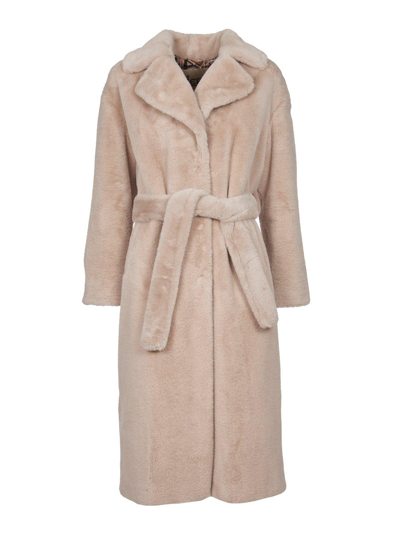 Shop Herno Belted Faux-fur Coat In Beige