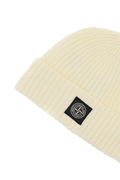 Shop Stone Island Wool Beanie With Logo In Bco Naturale
