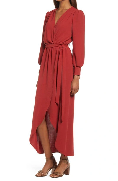 Fraiche By J Long Sleeve Faux Wrap Dress In Rust