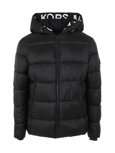 Shop Michael Kors Hooded Logo Tape Puffer Jacket In Black